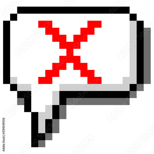 Pixel bubble speech and wrong symbol vector, depicting error messages or incorrect communication in an 8-bit style. Ideal for gaming interfaces, feedback systems, or retro error notifications.