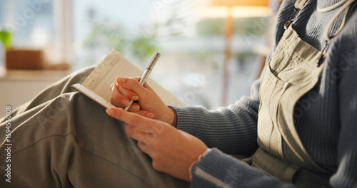 Fototapet Hands, person or writing in notebook in home for journal entry, schedule reminder or calendar tasks