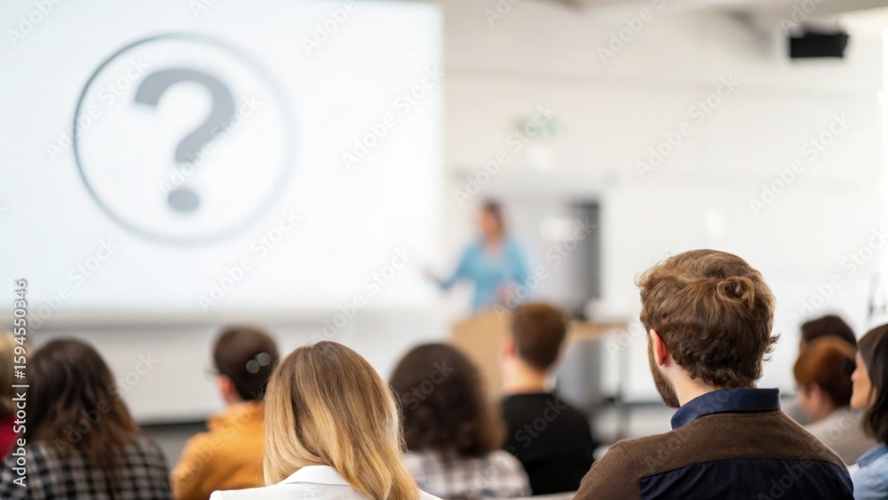 Fototapeta premium Blurred seminar scene with floating question mark icon — curiosity and professional inquiry 