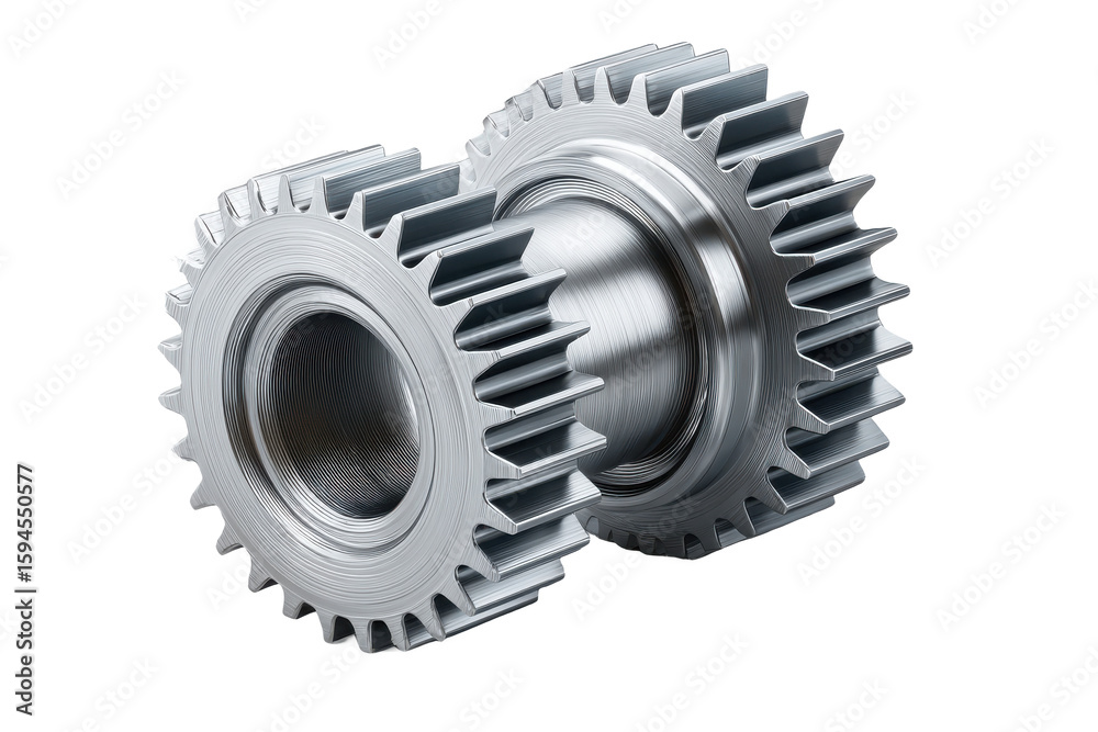 Two interlocking metallic gears with finely detailed teeth and a polished surface, designed for mechanical transmission of power. Two interlocking metallic gears with finely detailed teeth and a polished surface, designed for mechanical transmission of power.