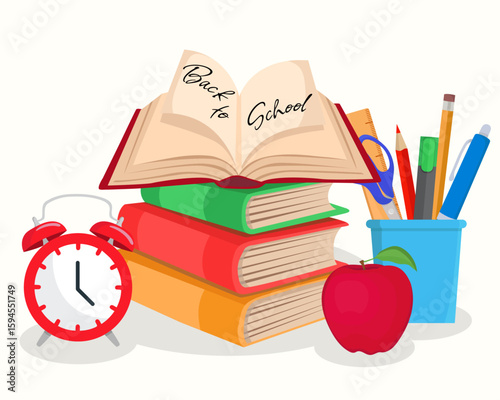 Back to school composition card with supplies stack of books apple and clock