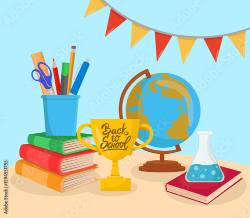 Back to school card with school supplies globe books trophy chimic tube