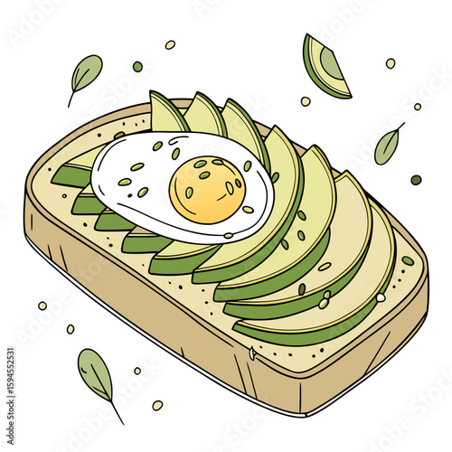 Avocado Toast Delight: A vibrant illustration of avocado toast, topped with a perfectly cooked egg and sprinkled with seeds, offers a visual feast, inviting a taste of culinary art and healthy eating.