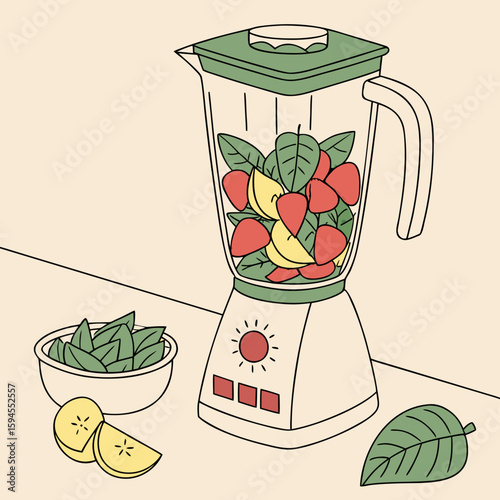 Blender full of fresh fruits: a blender ready to be used and some fruit ready to be blended to produce fresh and healthy smoothie.