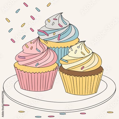 Sweet Trio: Delightful pastel cupcakes, each topped with swirled frosting and colorful sprinkles, arranged elegantly on a pristine plate, a celebration of sweetness and simple pleasure.