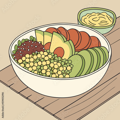 Gourmet Bowl of Fresh Goodness: A vibrant and appetizing close-up of a gourmet bowl filled with an assortment of fresh ingredients, offering a wholesome culinary experience. 