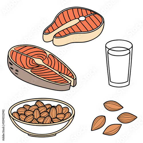 Healthy Dietary Essentials: A captivating illustration showcasing a balanced diet with salmon, almonds, and a glass of milk, emphasizing nutritional goodness and well-being.