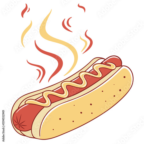 Appetizing Hot Dog Delight: An enticing illustration showcasing a delectable hot dog nestled in a toasted bun, generously adorned with a swirl of creamy mustard.