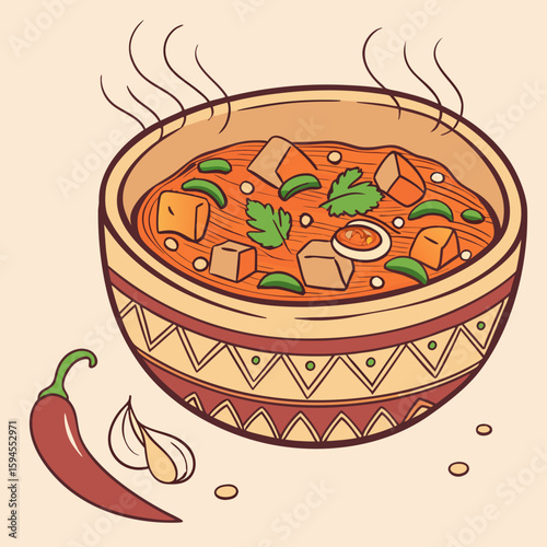 Savory Soup with Chili: A vibrant, mouthwatering illustration captures a bowl of aromatic soup, steaming gently, with a vibrant red chili pepper and garlic clove nearby.