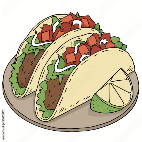 Delectable Taco Trio: A colorful, appetizing illustration of three freshly made tacos, bursting with savory fillings, resting on a rustic plate, alongside a vibrant lime wedge.