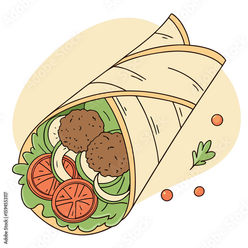 Delicious Wrap Illustration: A vibrant food illustration showcasing a beautifully crafted wrap, filled with fresh ingredients, inviting viewers to savor the enticing flavors
