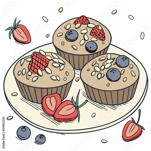 Delicious Berry Oatmeal Muffins: Three delightful oatmeal muffins adorned with fresh strawberries and blueberries, resting on a plate, ready to be enjoyed.