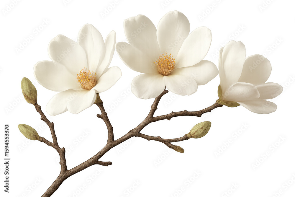 Obraz premium Magnolia branch displaying pristine white flower blossoms, soft petals emerging against clean background, highlighting botanical elegance