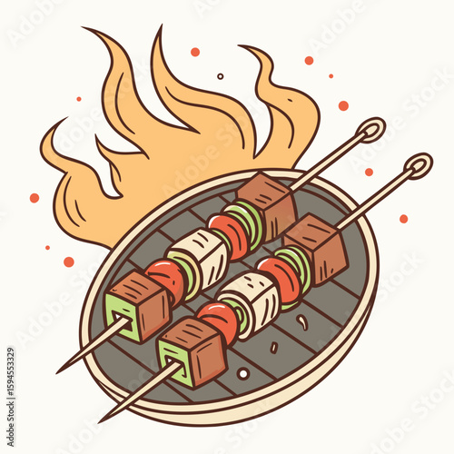 Culinary Delight: A close-up illustration of skewers of grilled meat and vegetables, placed above the burning flame. Ideal for menus, cook books, or culinary themed content. 