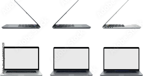 Multiple views of a silver laptop with a blank white screen displayed on a white background studio


