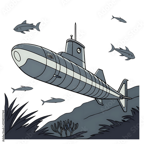 Submarine with Fish: Underwater Exploration, Marine Life, and Ocean Discovery Illustration