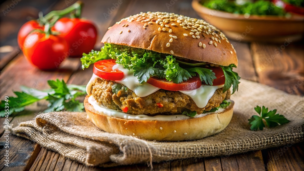 Photo of a juicy gourmet burger with melted cheese, fresh lettuce, and sliced tomatoes, presented on a rustic burlap cloth with a side of ripe tomatoes Photo of a juicy gourmet burger with melted cheese, fresh lettuce, and sliced tomatoes, presented on a rustic burlap cloth with a side of ripe tomatoes