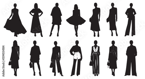 Collection of fashionable female silhouettes in various poses and outfits