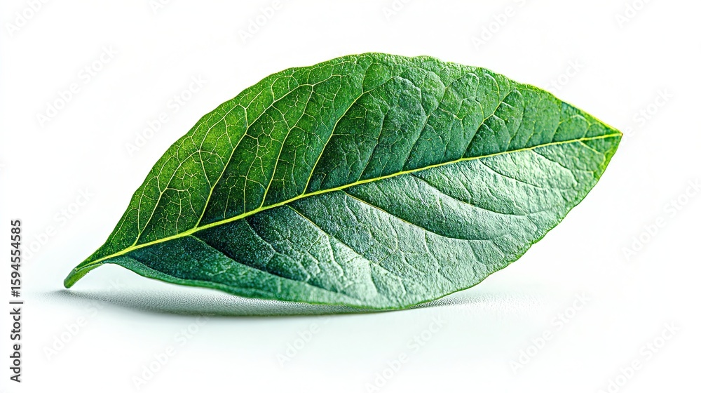 Obraz premium A single green leaf with a smooth texture and visible veins. The leaf is placed on a white background, emphasizing its natural color and details. 