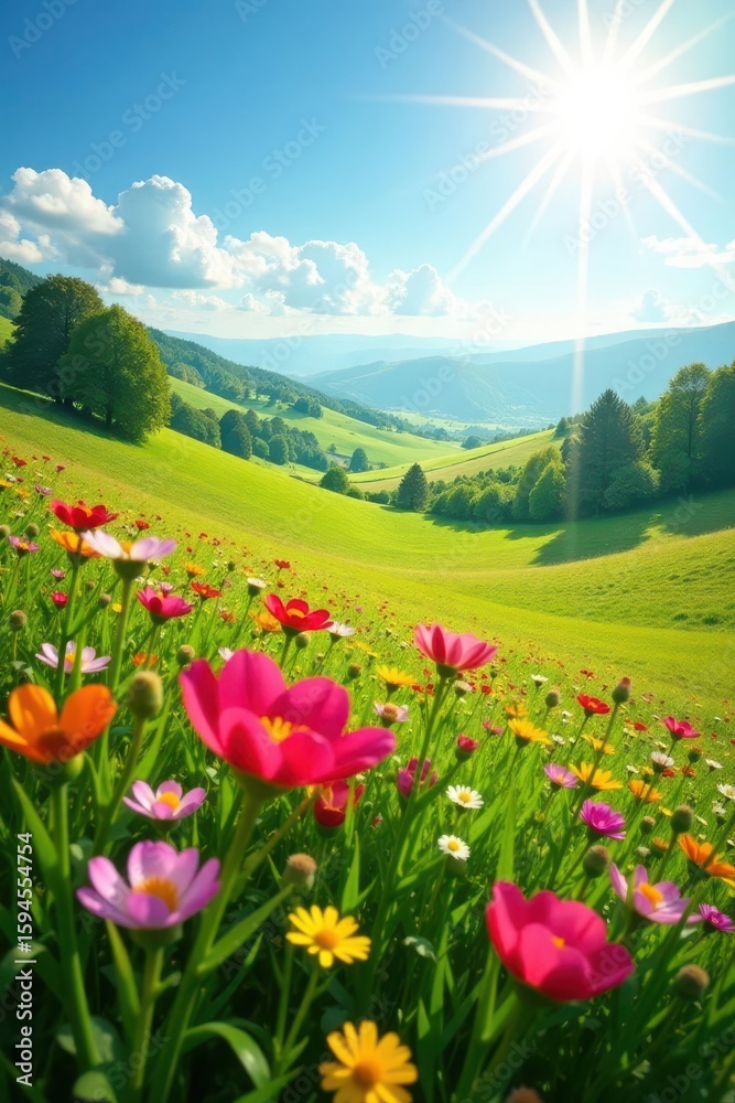 Sun-drenched meadow, vibrant wildflowers, rolling hills, vegetation, vista, charming Sun-drenched meadow, vibrant wildflowers, rolling hills, vegetation, vista, charming