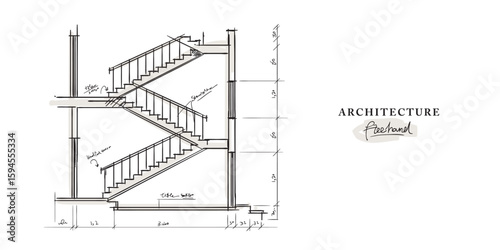 Architecture stairs details freehand drawing, Sketch Hand drawn Drawing design.