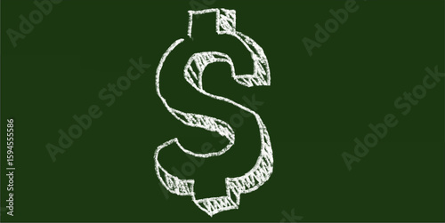 Chalk hand-drawn dollar sign on green chalkboard background. Simple doodle vector representing money, finance, currency, banking, profit, savings, economy, trade, business, and investment.