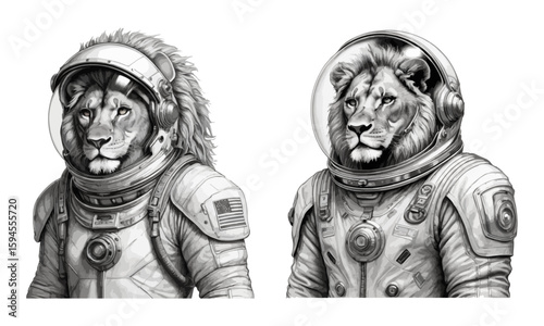 Set of lions in astronaut suit, pencil sketch, drawing is black and white with intricate shading