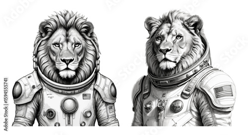 Set of lions wearing astronaut suit, pencil sketch, drawing is black and white with intricate shading