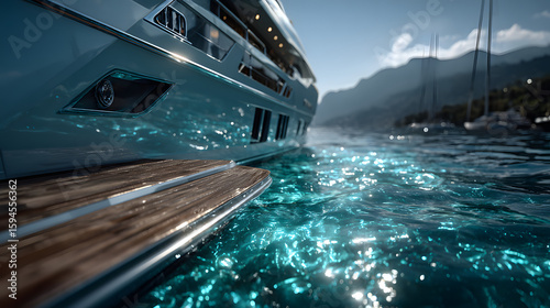 Luxusyacht gleitet durch türkisfarbenes Wasser an sonnigem Sommertag
