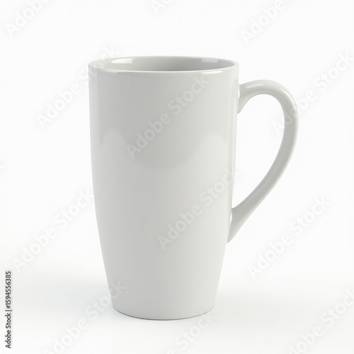 White ceramic coffee cup isolated on white background with handle and reflection