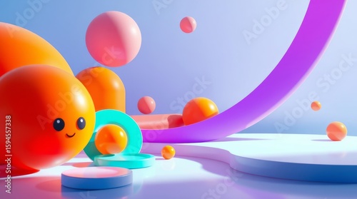 Cheerful Abstract Scene Playful 3D Render of Cute Orange Character Colorful Spheres Arc and Platforms Vibrant Still Life