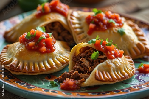 Delicious baked empanadas filled with savory meat and topped with fresh salsa