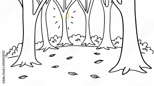 Forest coloring page for kids with trees leaves and sun simple woodland scene easy drawing activity for children