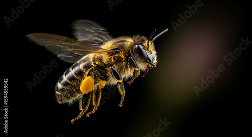 A honeybee in mid-flight, wings spread, carrying pollen sacs, set against a dark background with a hint of green foliage.