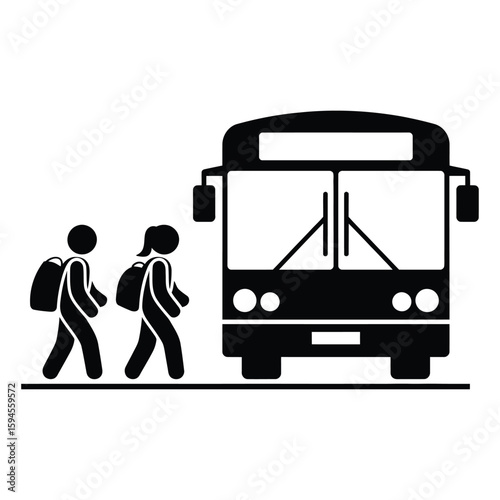 Children boarding school bus pictogram illustration in black and white