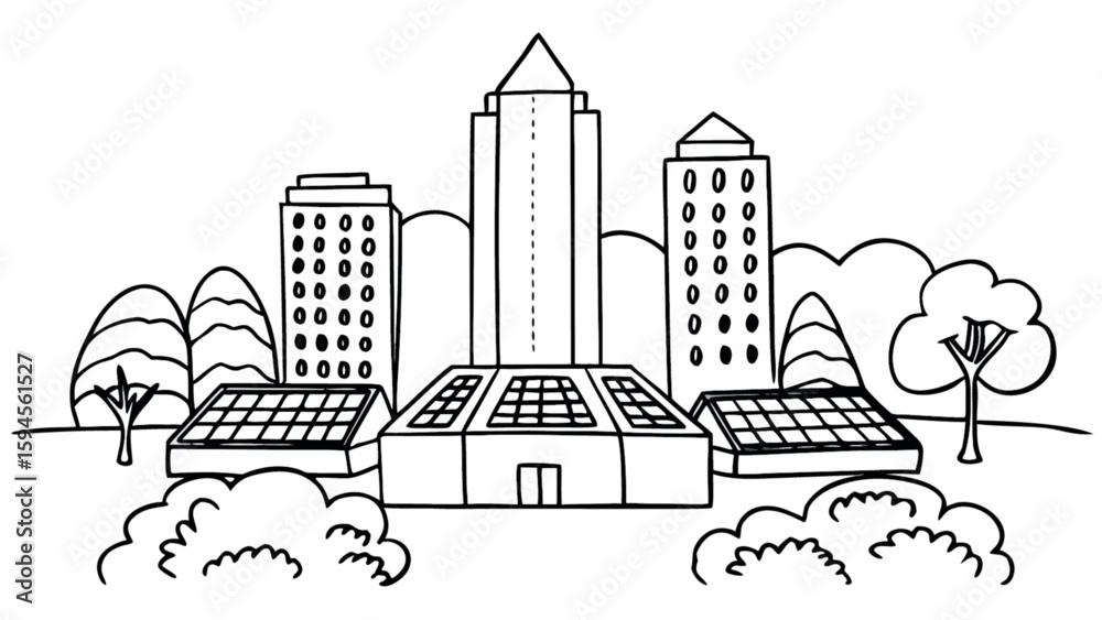 Obraz premium Illustration of city skyline with solar panels and trees for renewable energy concept drawing vector art