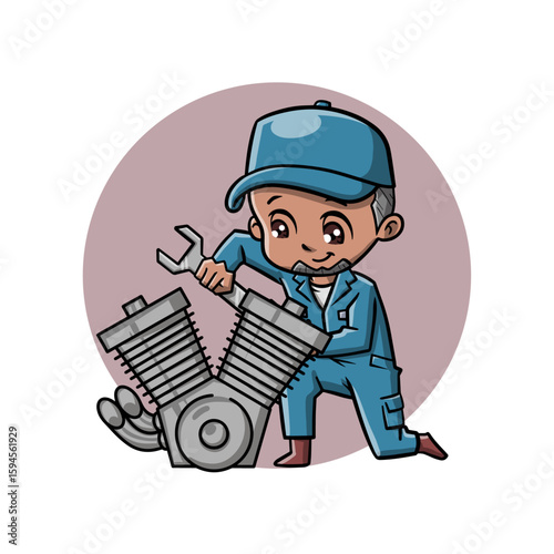 Mascot cartoon mechanics with wrenches, suitable for automotive or repair themed designs, comics, posters, or mechanic shop logos.