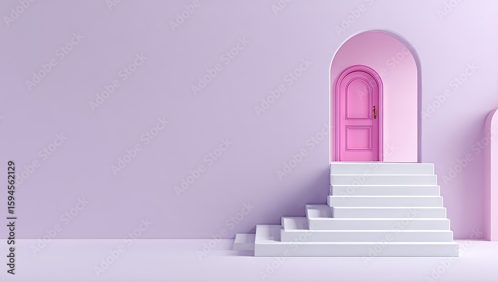 Obraz premium A pastel-toned interior scene with a pink door and white steps.