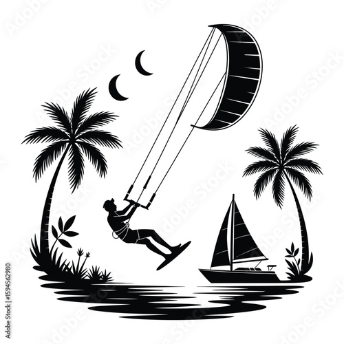 Kitesurfing Silhouette with Palm Trees and Sailboat in Tropical Setting