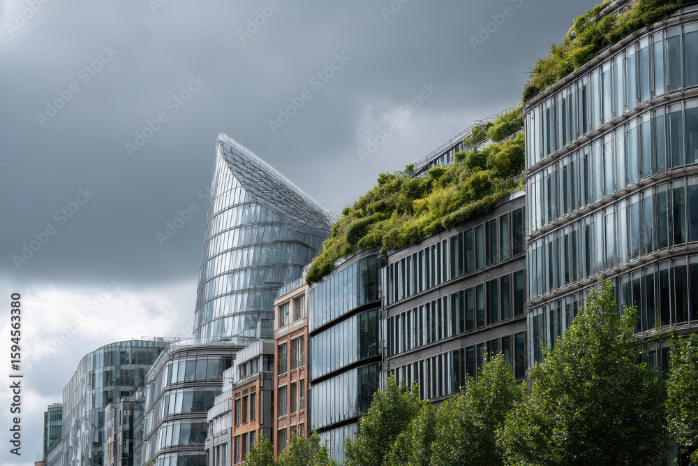 Obraz premium stunning collection of modern architectural facades showcasing sleek office buildings adorned with green roofs
