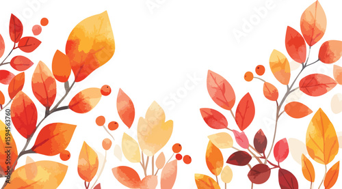 Watercolor Autumn Leaves and Berries Border Design on a White Background