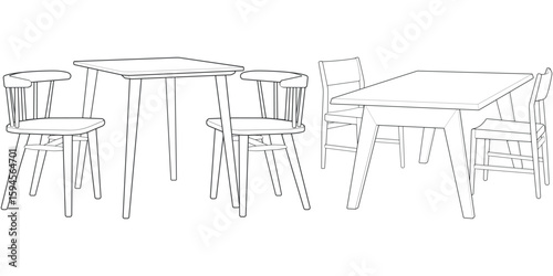 Hand-Drawn Dining Table Set Illustration. Outline Style Wooden Furniture for Interior and Home Design Projects