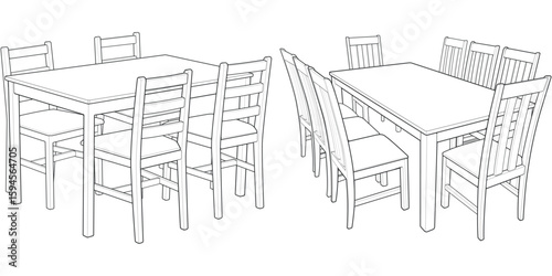 Hand-Drawn Dining Table Set Illustration. Outline Style Wooden Furniture for Interior and Home Design Projects