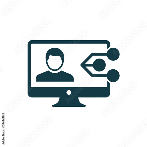 Online Collaboration Icon Showing Person on Computer Screen with Connections