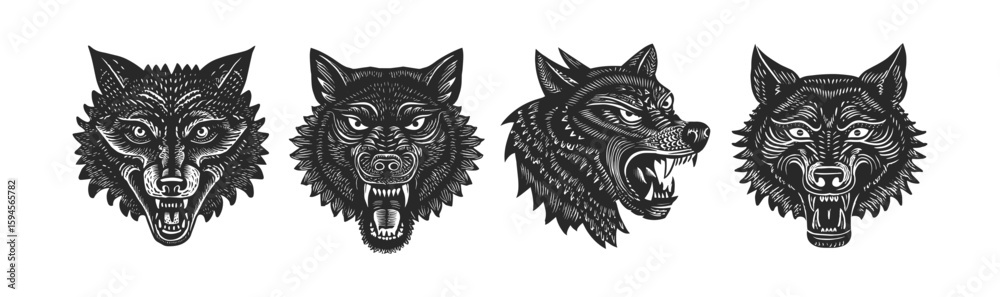 Obraz premium Set of four fierce wolf faces depicted in detailed black and white vector illustration. Each wolf displays a distinct aggressive expression, capturing the wild. Engraved, stamp, woodcut vintage style