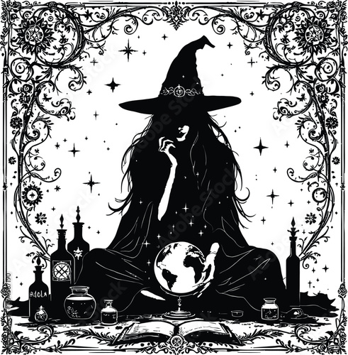 Black-and-White Vector Illustration of Witch Reading by Spell Globe – 1-Item Magical Study Scene