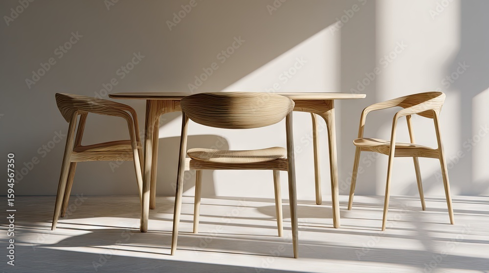 Obraz premium Light-filled room with wooden dining set.
