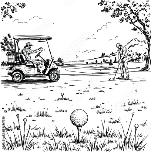 Black-and-White Vector Illustration of Golfing Scene with Cart & Tee View – 1-Item Sports Silhouette