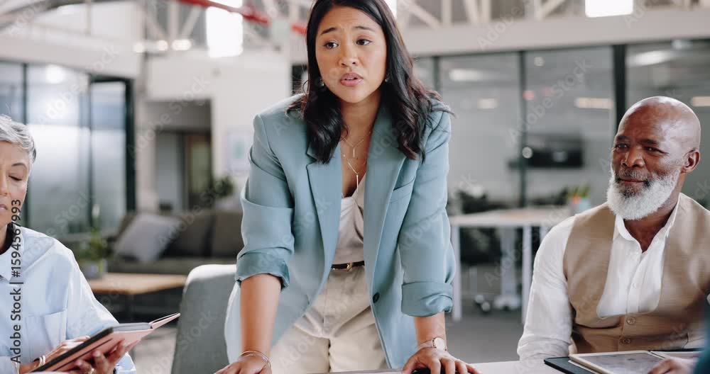 Business Woman Leading a Discussion: A confident woman in business attire leads a lively discussion with a group of coworkers in a modern office setting, exuding authority and collaboration.