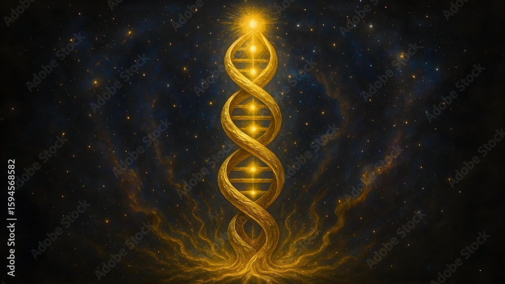 Obraz premium A golden helix-like structure with a radiant orb at the top, set against a cosmic background filled with stars. Concept Golden Helix Structure, Radiant Orb, Cosmic Background, Starry Night
